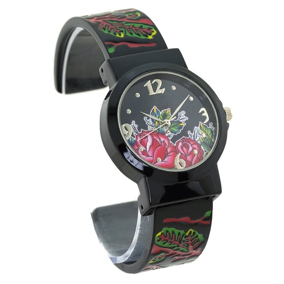 Ladies Black Florial Clubbing cuff Watch 35mm 9mm thick case. 18mm wide black metal cuff florial hinged bracelet fits 7 inches wrist