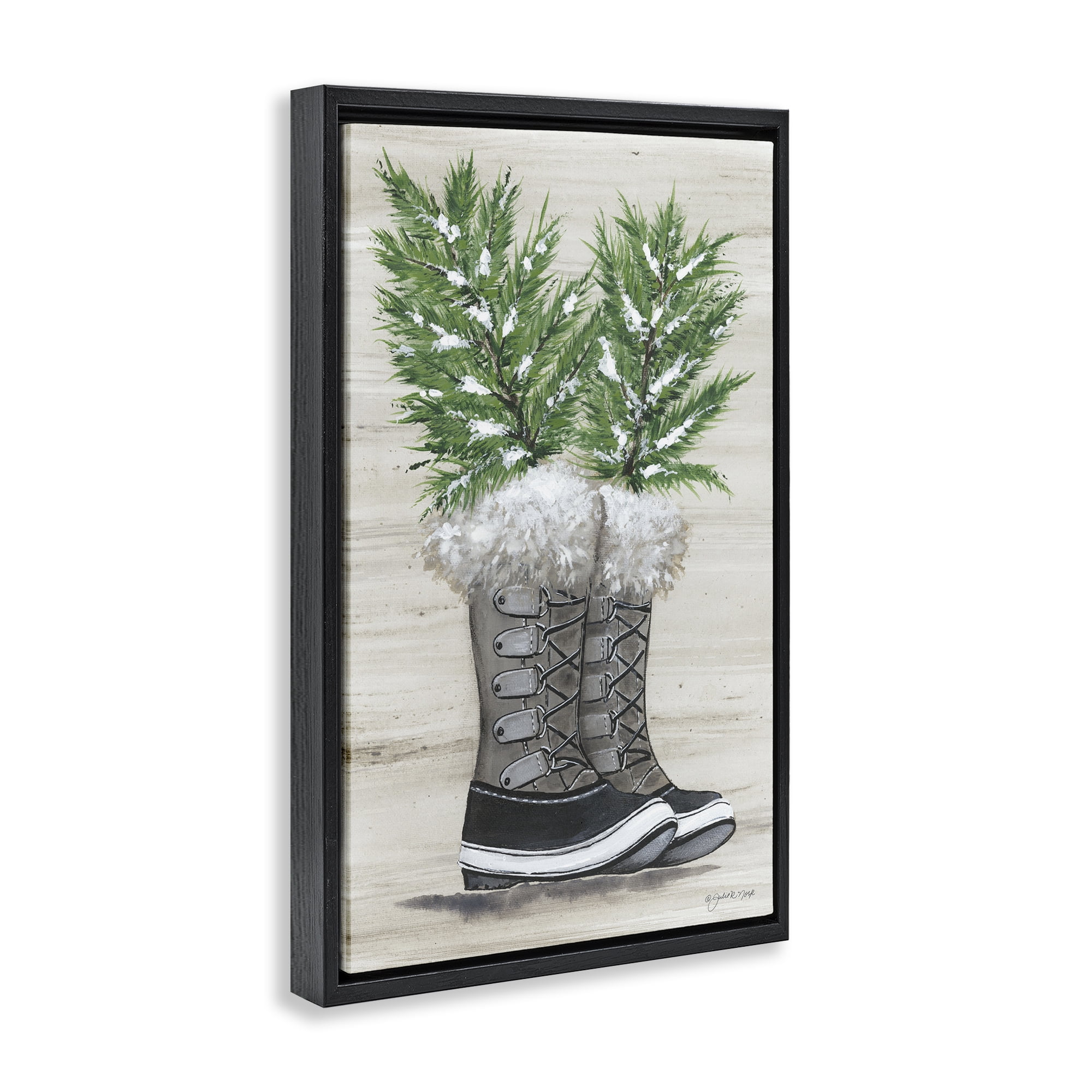 Stupell Industries Winter Sprigs in Boots Botanical & Floral Painting Black Floater Framed Art Print Wall Art, 21 x 31