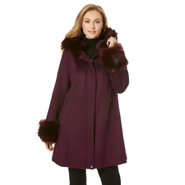 Jessica London Plus Size Hooded Faux Fur Trim Coat Winter Wool Hooded Swing Coat Walmart.com