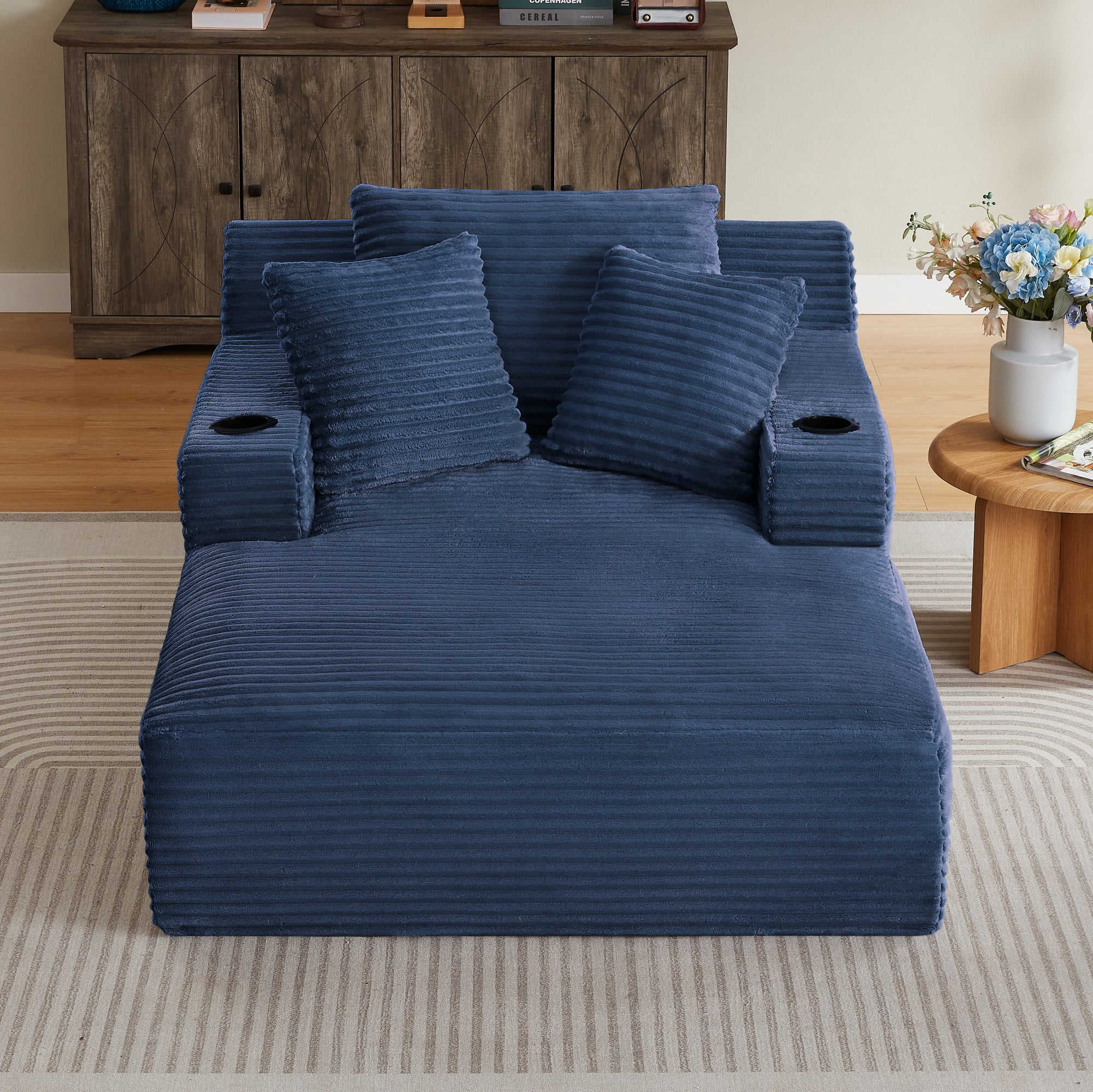 BSHTI 66.1" Corduroy Oversized Chaise Lounge Chair with Cup Holder, Side Pockets and Boneless Design for Living Room（Blue）