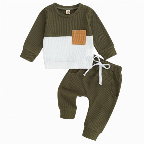 Baby Boys Outfits 2Pcs Fall Winter Clothes Waffle Color Blocked Long Sleeve Hoodie Tops with Drawstring Pants Toddler Outfits Set Baby Boy Clothes 9 12 18 24 Months 2T 3T