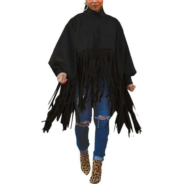 Womens High Neck Long Sleeve Fringe Top Plus Size Tassel Pullover Poncho Coat