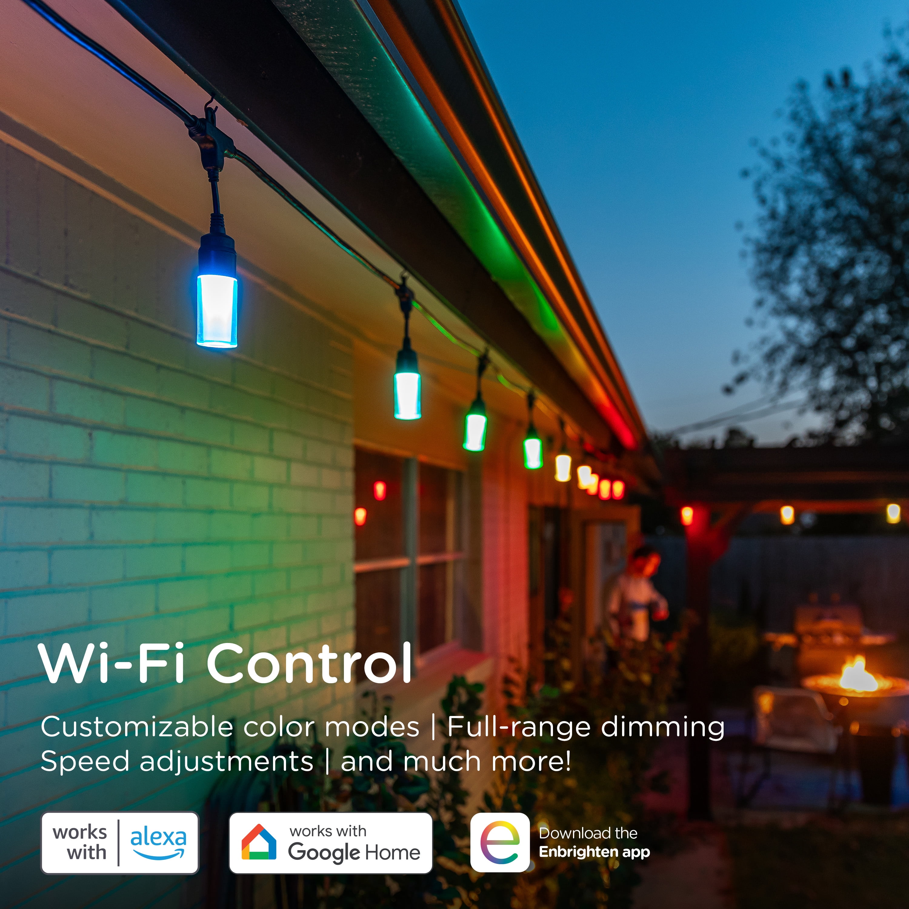 Enbrighten LED Wi-Fi Smart Modern Cafe Lights, Color Changing Outdoor String Lights for Backyard and Patio, 48ft