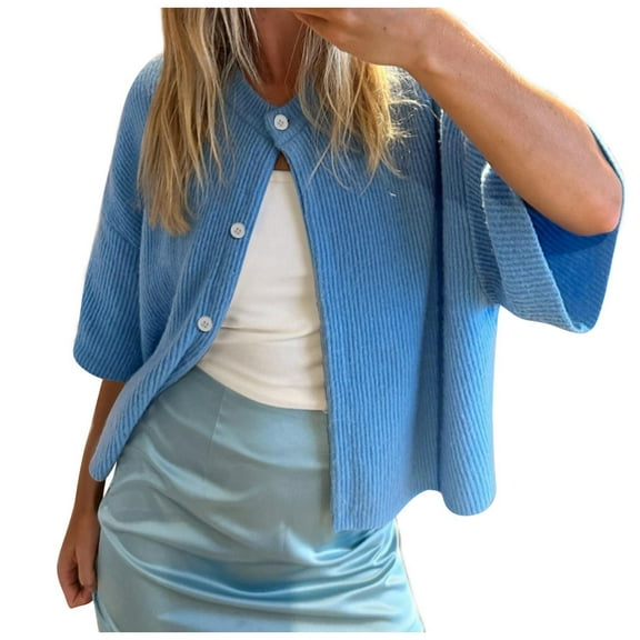 Lightweight Cardigans for Women Casual Minimalist Button Down Half Neck Solid Color Short Sleeve Knit Sweater Loose Womens Sweaters