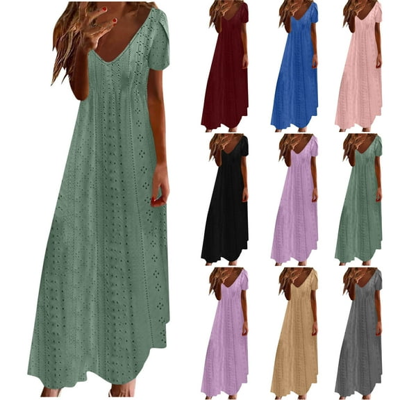 Axiiglly Maxi Dress for Women V Neck Beach Dresses Stretchy Hollow Casual Dress Short Sleeve Flowy Dresses Vacation Boho Summer Dress