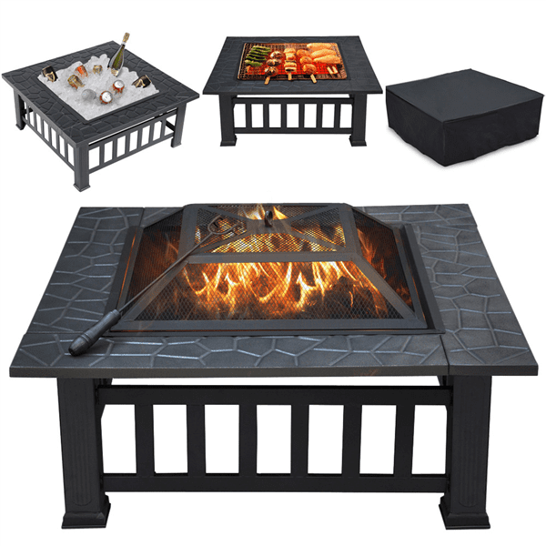 32" Outdoor Square Fire Pit Metal Firepit with Spark Screen, Log Poker