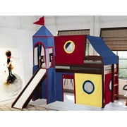 JACKPOT! Castle Low Loft Bed with Slide, Red Yellow and Blue Tent and Tower, Twin, Cherry