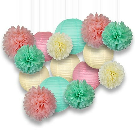 Paper Party Lanterns - Just Artifacts Decorative Paper Party Pack (15pcs) Paper Lanterns and Pom Pom Balls - Ivory/Greens/Pinks - Perfect for Birthday Parties, Baby Showers, Weddings and Life Celebrations!