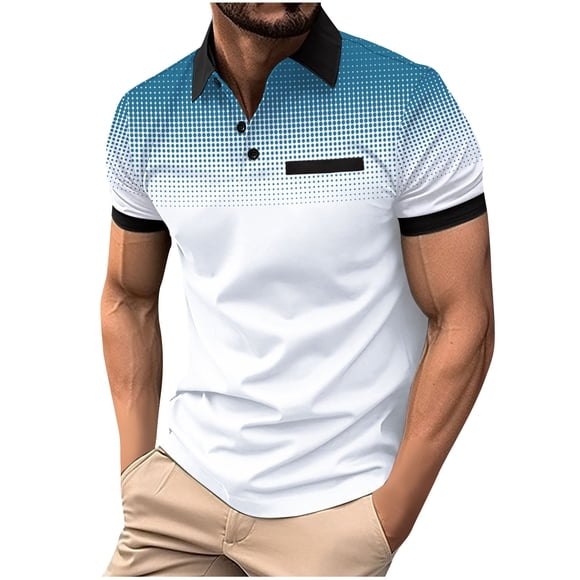 lcziwo Gradient Polo Shirts for Men with Pocket 2024 Fashion Summer Casual Short Sleeve Golf T Shirts Dot Print Lapel Button Shirt Big and Tall White L