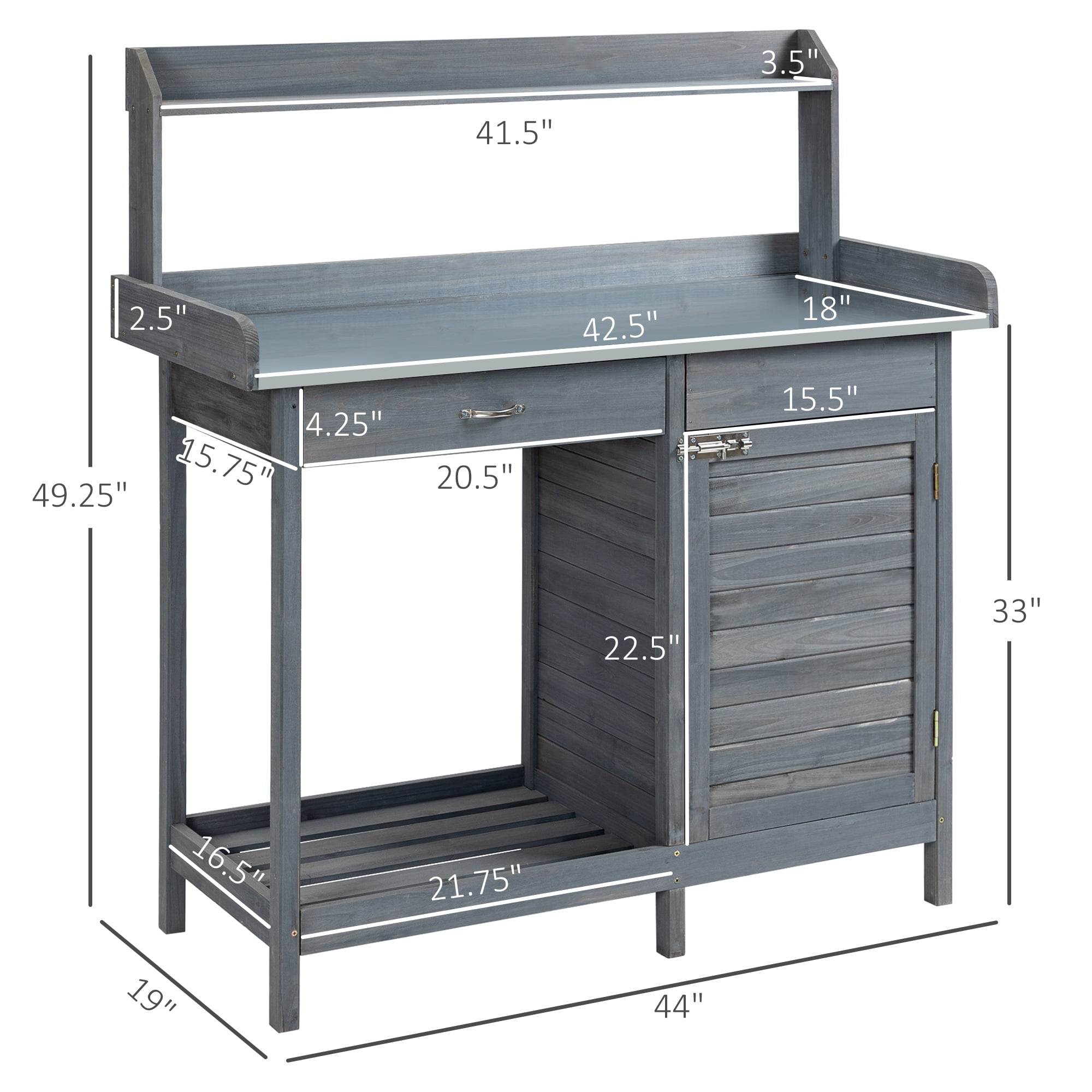 Outdoor Potting Bench Table, Garden Work Station with Storage Cabinet, Open Shelf and Steel Tabletop, Gray