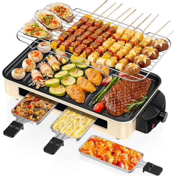 Electric Indoor Grill 1500W -2 in 1 Smokeless Indoor Grill for Kitchen with Non-stick Removable Grill & Griddle Plate,Temperature Control Korean BBQ Grill with 3 Cheese Pans Dishwasher Safe