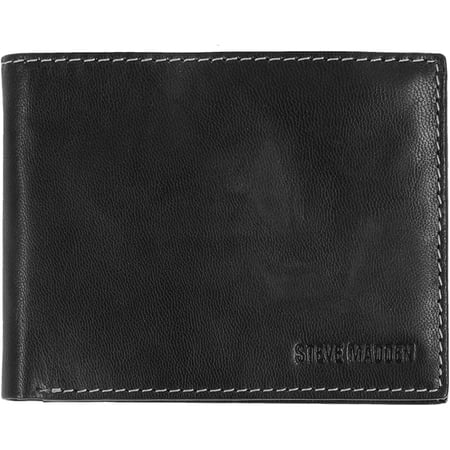 Steve Madden Men's Leather RFID Wallet Extra Capacity Attached Flip Pocket Black (Antique) One Size