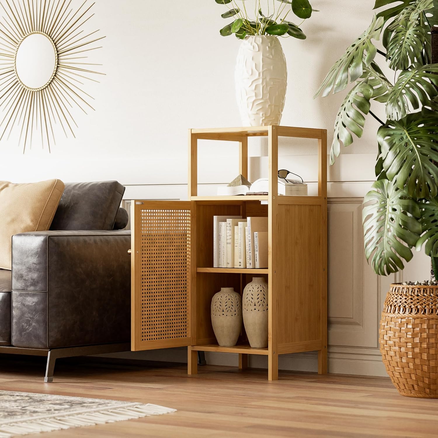 Bamboo Floor Cabinet, Bathroom Storage Organizer Rack with Single Rattan Door and 1 Shelf, Small Wooden Side Cupboard Stand for Entryway, Laundry, Kitchen, Living Room (Natural)