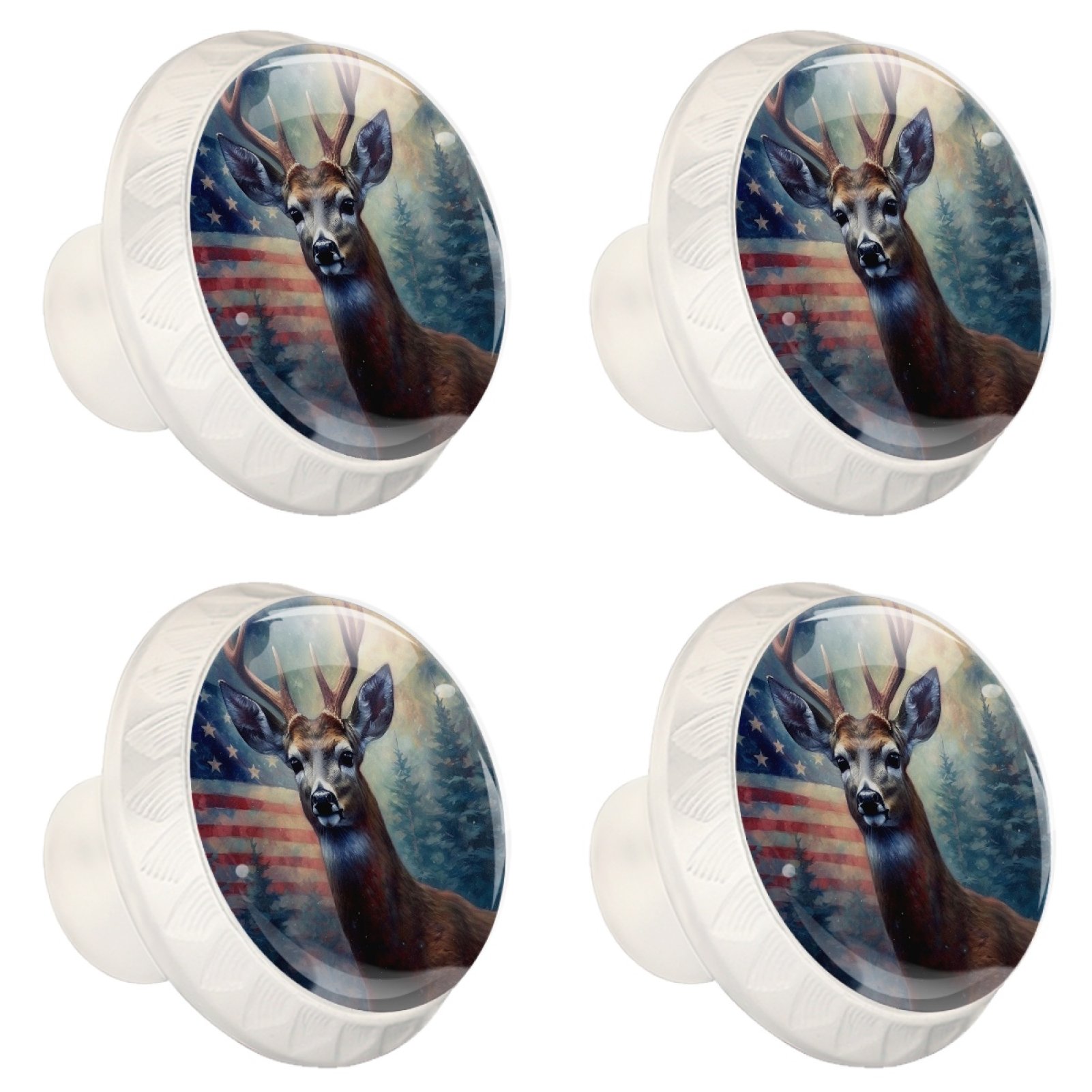 4 Pcs Deer and American Flag Knobs for Kitchen Cabinet Cupboard Dresser Bookcase Drawer Pulls Handles Round Home Decor