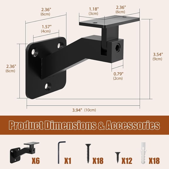 6 Pack Adjustable Handrail for Indoor Stairs, Black Stair Railing Bracket for Staircase, Swivel Hand Rail Banister for Stairs, Corridors, Offices, Living Rooms