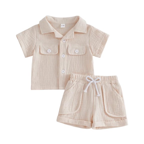 Toddler Boy Outfits 2 Piece Double Layer Gauze Solid Print Lapel Short Sleeve Shirt And Shorts Casual Boys' Clothing Sets