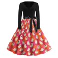 thumbnail image 2 of Women's Halloween Dress Candy Castle Long Sleeve 1950s Hepburn Fall Tea Length Dress V Neck Cocktail Vintage Funny Dresses with Belt XL, 2 of 5