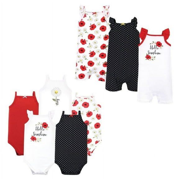Hudson Baby Infant Girl Cotton Bodysuits and Rompers, 8-Piece, Poppy Daisy, 0-3 Months