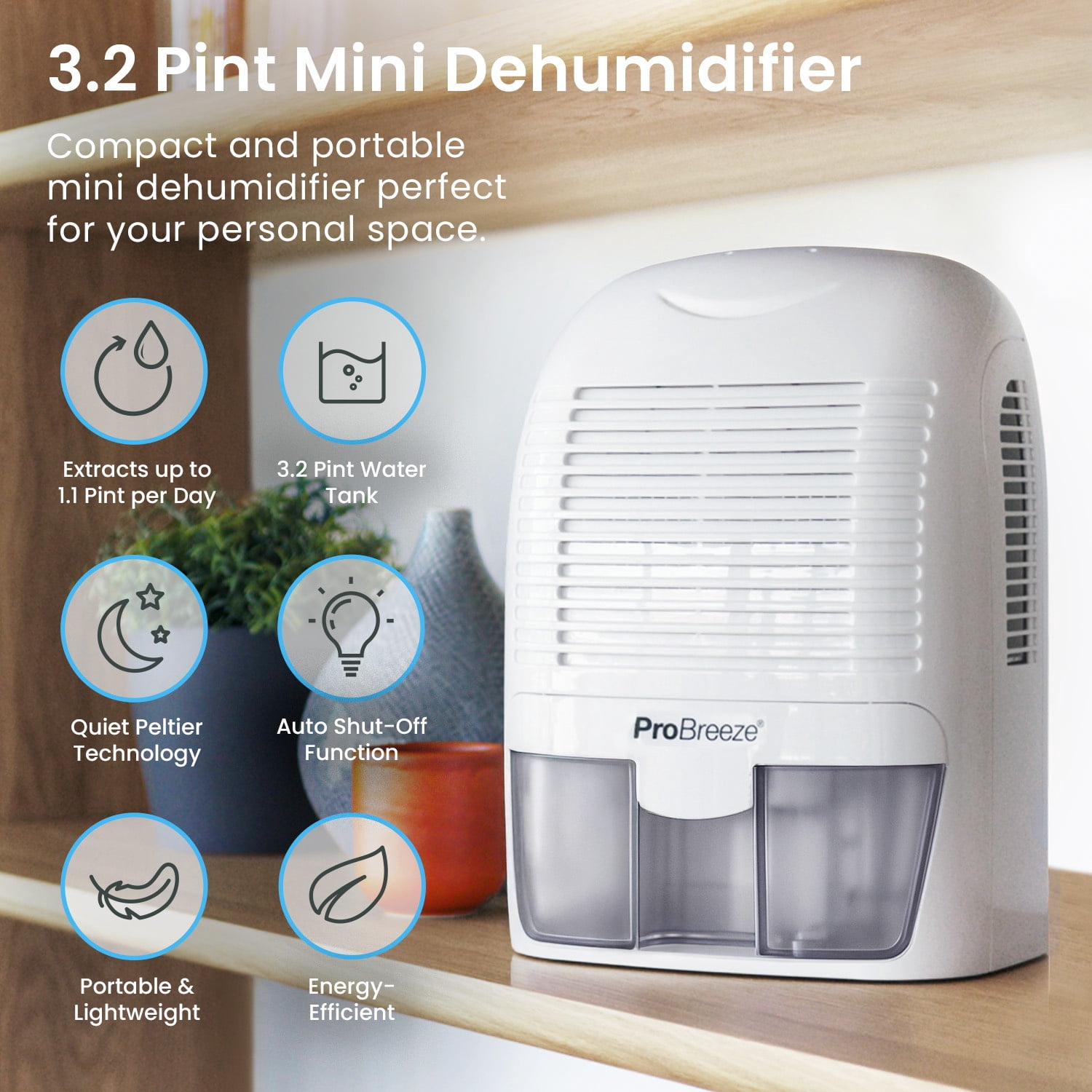 Pro Breeze Mini Portable Dehumidifier, 1.1 pt 430 sq ft Peltier Dehumidifier in White, Ultra Quiet, Compact and Portable
