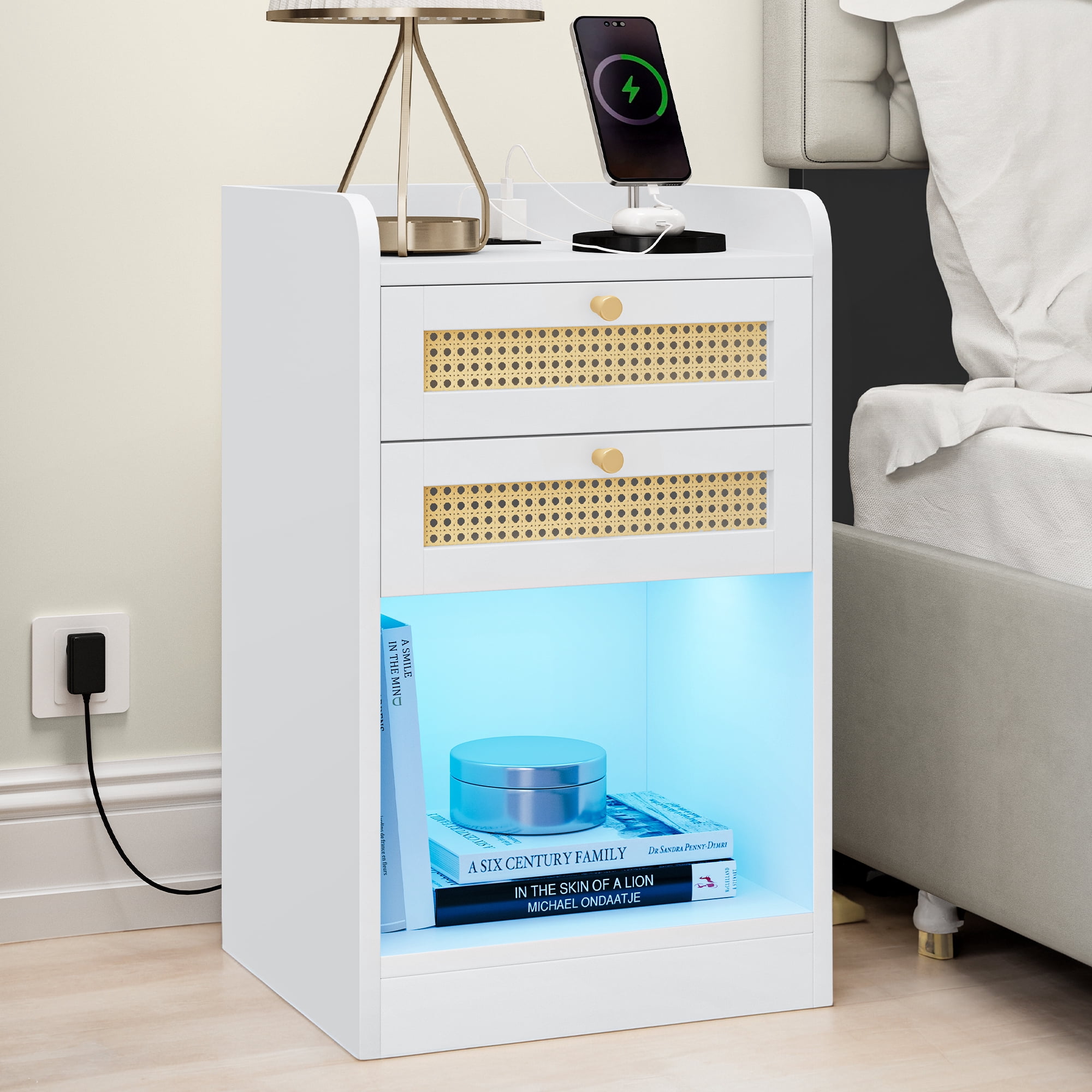 Uforic Wicker Nightstands with 2 USB Ports, UL Certification, 2 Wicker Drawers, and Instruction Manual,White