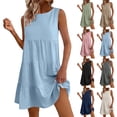 thumbnail image 6 of aohooy Linen Mini Dress for Women Casual Crew Neck Sleeveless Mini Dresses Loose Summer Cotton Flowy Pleated Tiered Beach Sundress Beige,L, 6 of 8