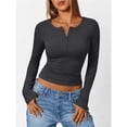thumbnail image 4 of Camisetas de Larga para Mujer, Estilo Henley, Informales, para Otoño Tops Ajustados, Camisetas Básicas de Canalé Gris Oscuro M, 4 of 8