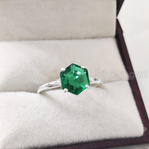 Hexagon Emerald Ring, 925 Sterling Silver, CZ Ring, Women Ring, Hydro Emerald Ring, May Birthstone, Christmas, Thanksgiving, Tiny Dainty Ring, Handmade, Statement Jewelry, Anniversary
