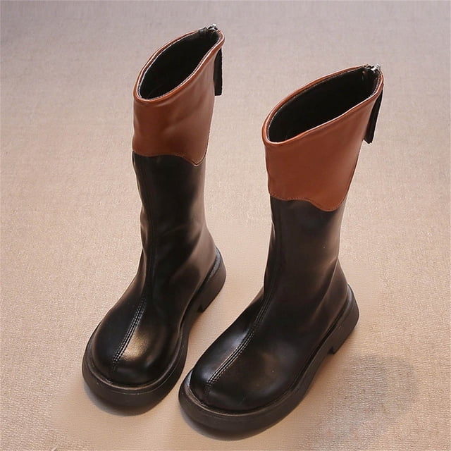 YUNAFFT Girls Riding Boots High Shaft Zipper Closure Thin Fleece Lining Color-Block Design Fashionable Student Princess Style