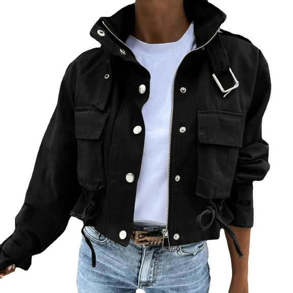 Women's Jacket Button Stand Collar Cropped Cargo With Lace Up Pocket Solid Slim Trendy Jacket