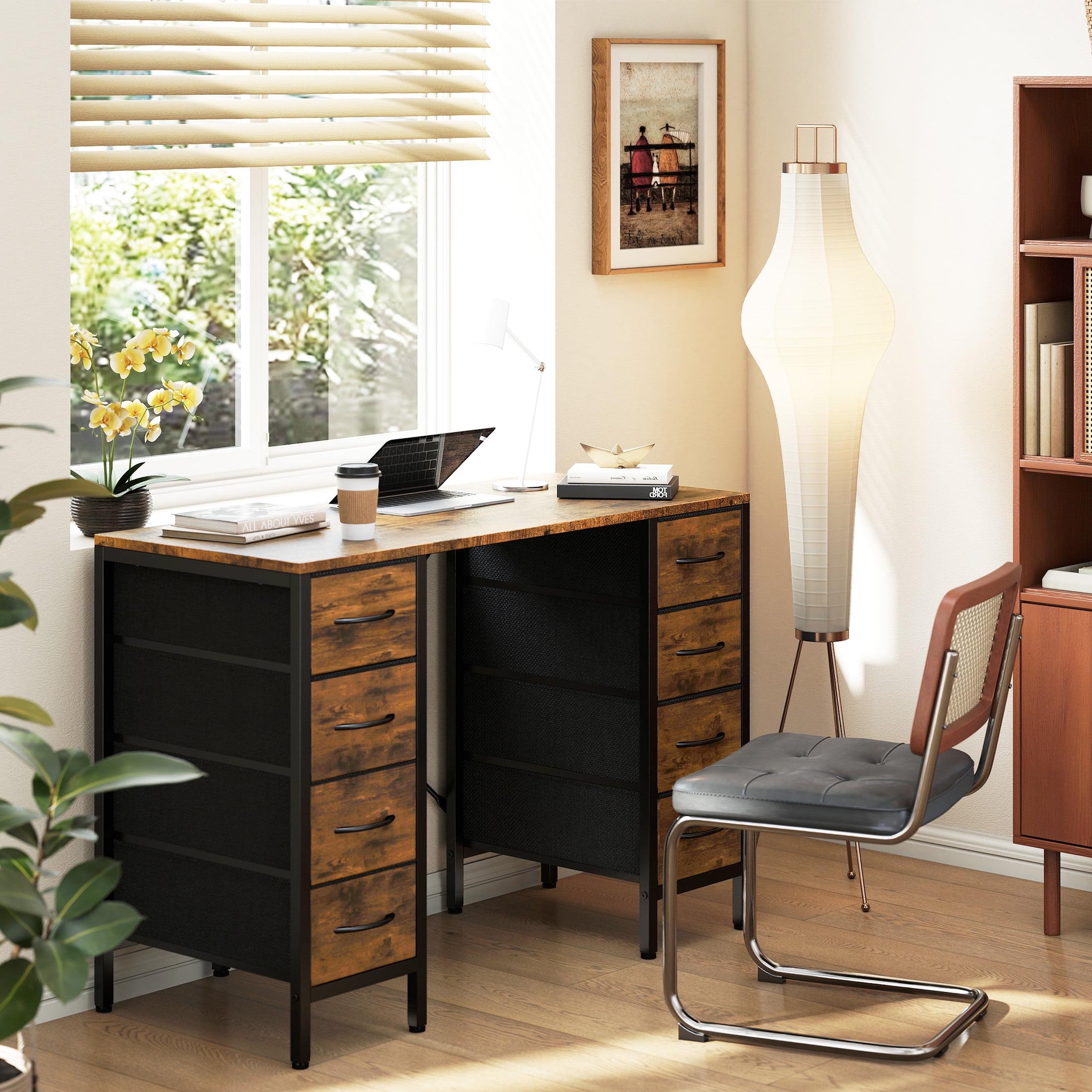 EDX 47 Inch Computer Desk with 8 Fabric Drawer, Home Office Desk with Power Outlets, Large Storage,Rust