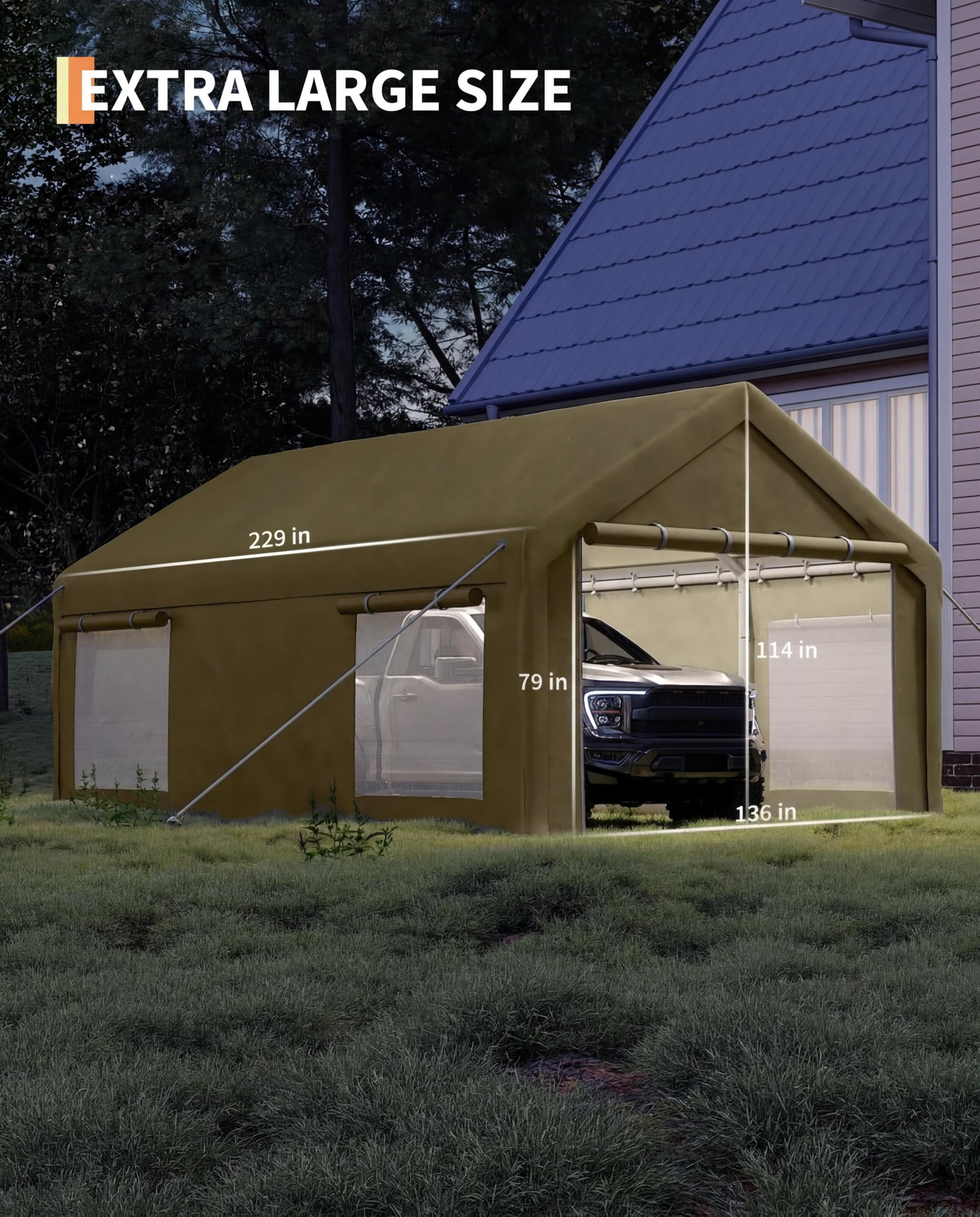 12 ft x 20 ft Heavy-Duty Portable Garage Carport with 200g PE Tarp, Dual Roll-Up Doors & 4 Windows, All-Weather Outdoor Shelter for Vehicles, Boats, Paint Booths & Events