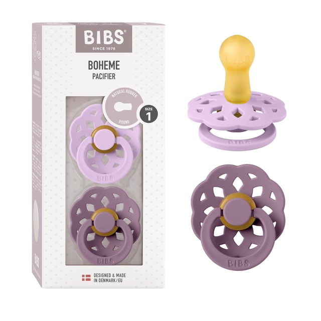BIBS Chupones Boheme Pack de 2, Tetina redonda de látex natural, Talle 1, Color Violet Sky/Mauve, 0