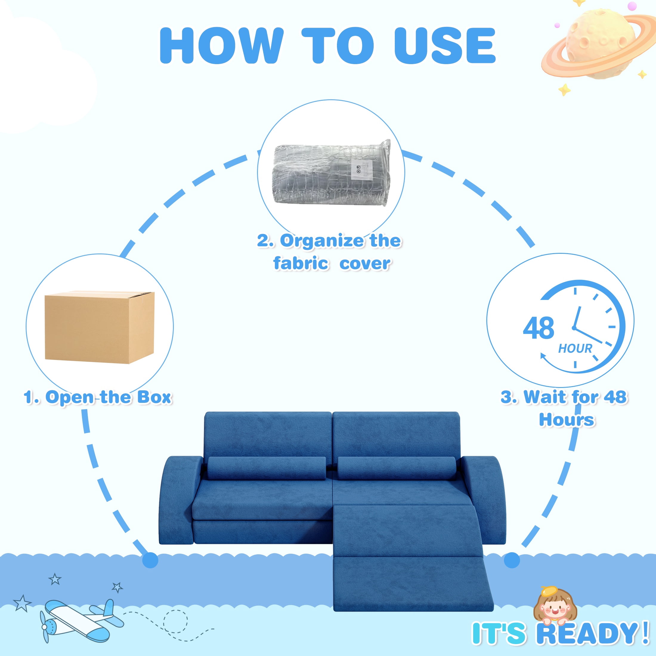 11PCS Modular Kids Play Couch, HSUNNS Fabric Kids' Sofa with Removable Cover, Convenient Storage, Indoor Foam Sofa Living Room Sectional Couch for Boys Girls 3-8, CPC Certification, Blue