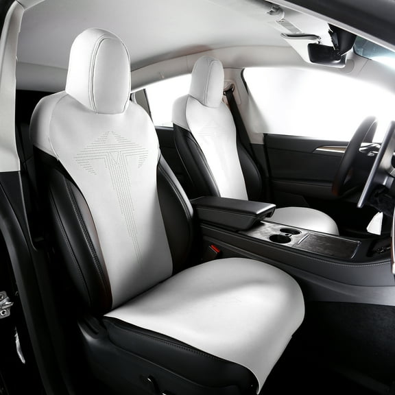 Ikon Motorsports Seat Cover Cushions Fits 2020-2025 Tesla Model Y 4-Door, V1 Style White Suede Leather 1st 2nd Row 5-Seat Seat Cover Cushion Protectors