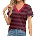 thumbnail image 2 of Fheaev Summer Savings Clearance!summer tops for women Women's Loose Casual Striped Color Blocking V-neck Short Sleeved Top, 2 of 7