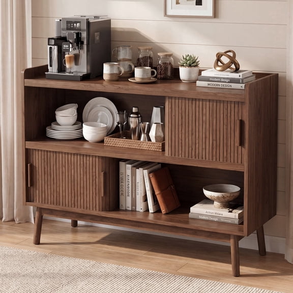 ROGALIS 44" Sideboard Cabinet with Outlet & Sliding Door, Mid-Century Modern Coffee Bar Console Table with Adjustable Shelves, 2 Open Storage Spaces, Fluted Accent Cabinet for Living Room, Walnut