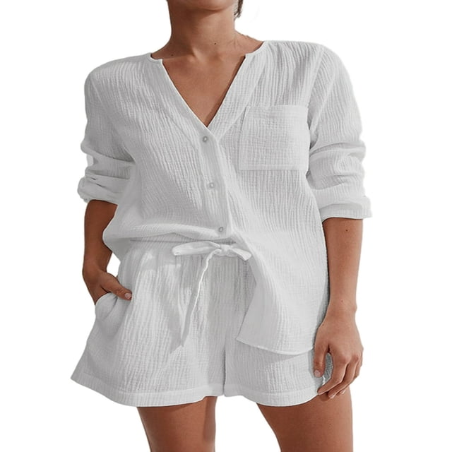 Ensemble de Pyjama à Manches Longues et Shorts pour Femmes