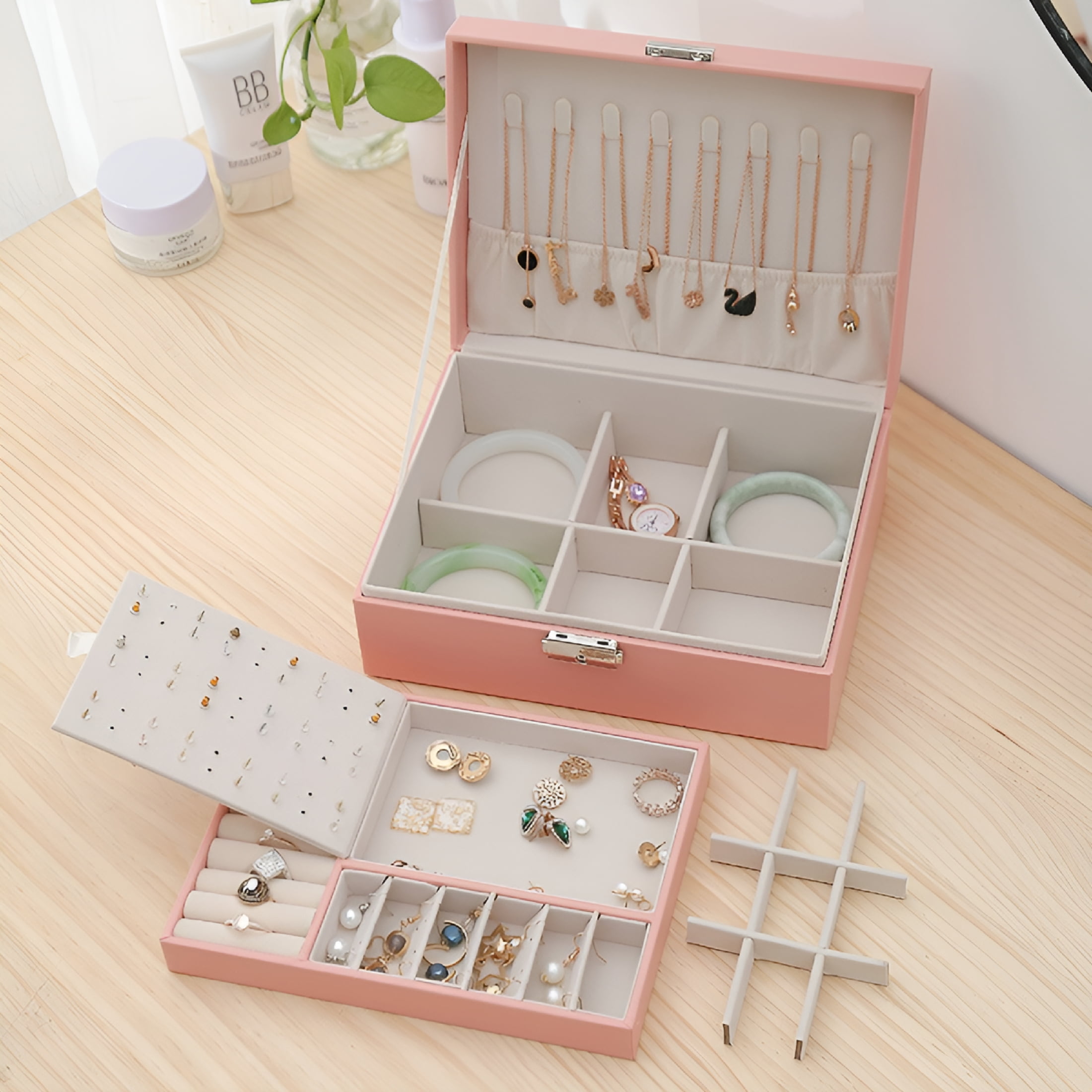 DESIGNICE Jewelry Organizer Box, Elegant Durable Pu Leather, Wooden Frame Construction, Anti-Tarnish Beaded Flannel, for Women, Pink (2 Layers)
