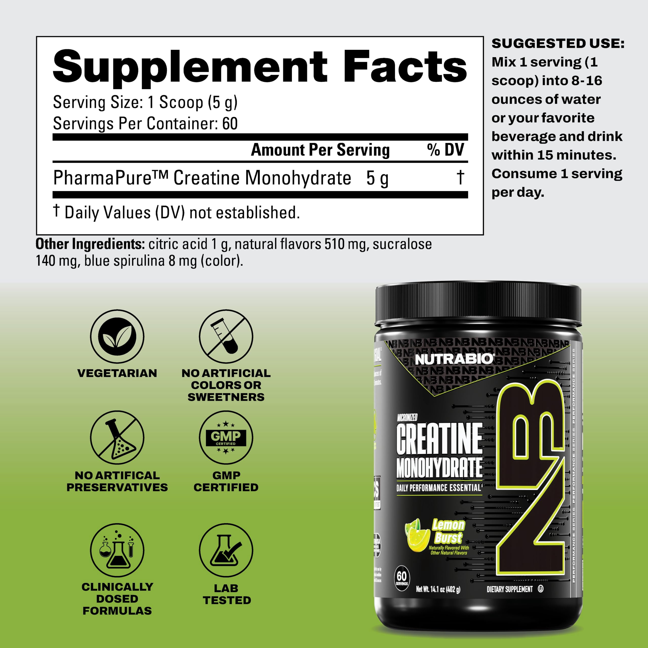 NutraBio Pure Creatine Monohydrate Powder Supplement, Lemon Burst, (300 g) - Supports Bulk Muscle Energy, Recovery, and Strength - HPLC Tested Pure Grade Creatine Powder Supplement for Men and Women