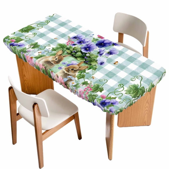 Spring Easter Table Cloths for 4 Foot Rectangle Tables, Purple Floral Summer Botanical Teal Plaid Patio Waterproof Elastic Fitted Tablecloths, Washable Rectangular Table Cover for Camping