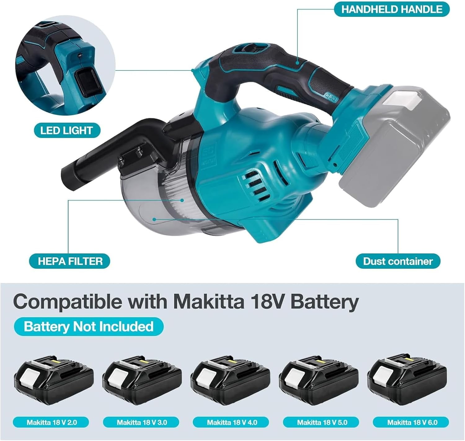 Handheld Cordless Vacuum Cleaner for Makita 18V Battery, Portable Wireless Power Vacuum Cleaner, 4 Multi Nozzle, 2 HEPA Filter, Lightweigt Vacuum for Home Pet Hair, Car (Battery NOT Include)