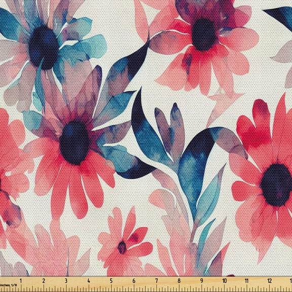 Ambesonne Floral Fabric by the Yard Upholstery, Waatercolor Spring Flowers, 1 Yard, Violet Blue Dark Coral