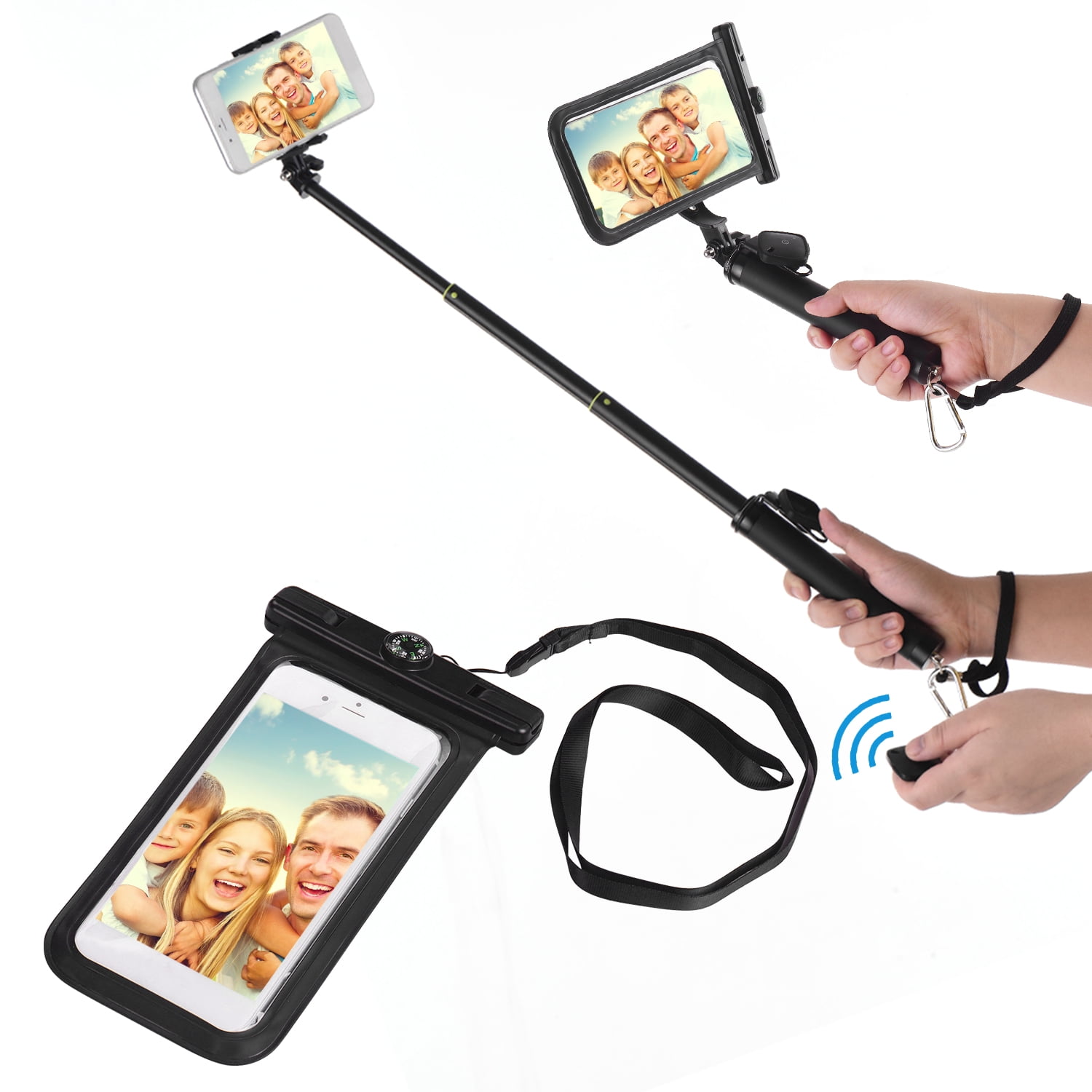 Waterproof Dry Bag Cell Phone Pouch Case & Extendable Selfie Stick with BT Remote Control Lanyard for Beach Swimming Diving Travel Compatible with X/Xs/8/8 Plus/7/7 Plus and More -