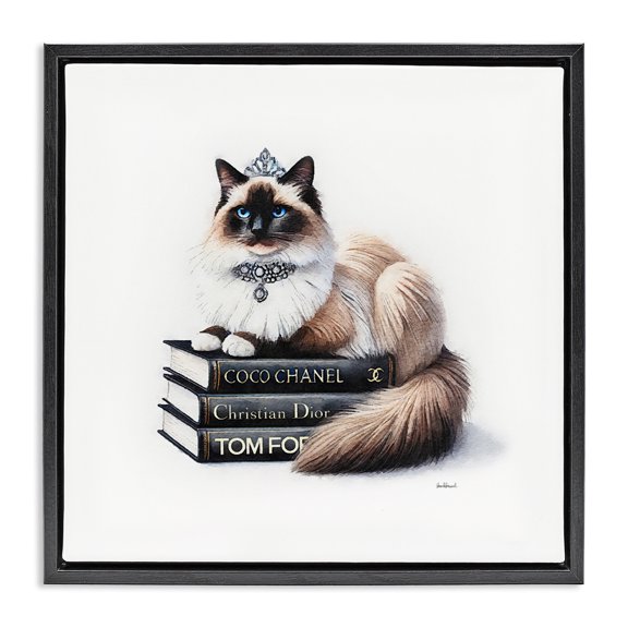 Stupell Industries Eclectic Elegant Glam Cat & Books Black Floating Frame Canvas Art, 18 x 18, by Amanda Greenwood