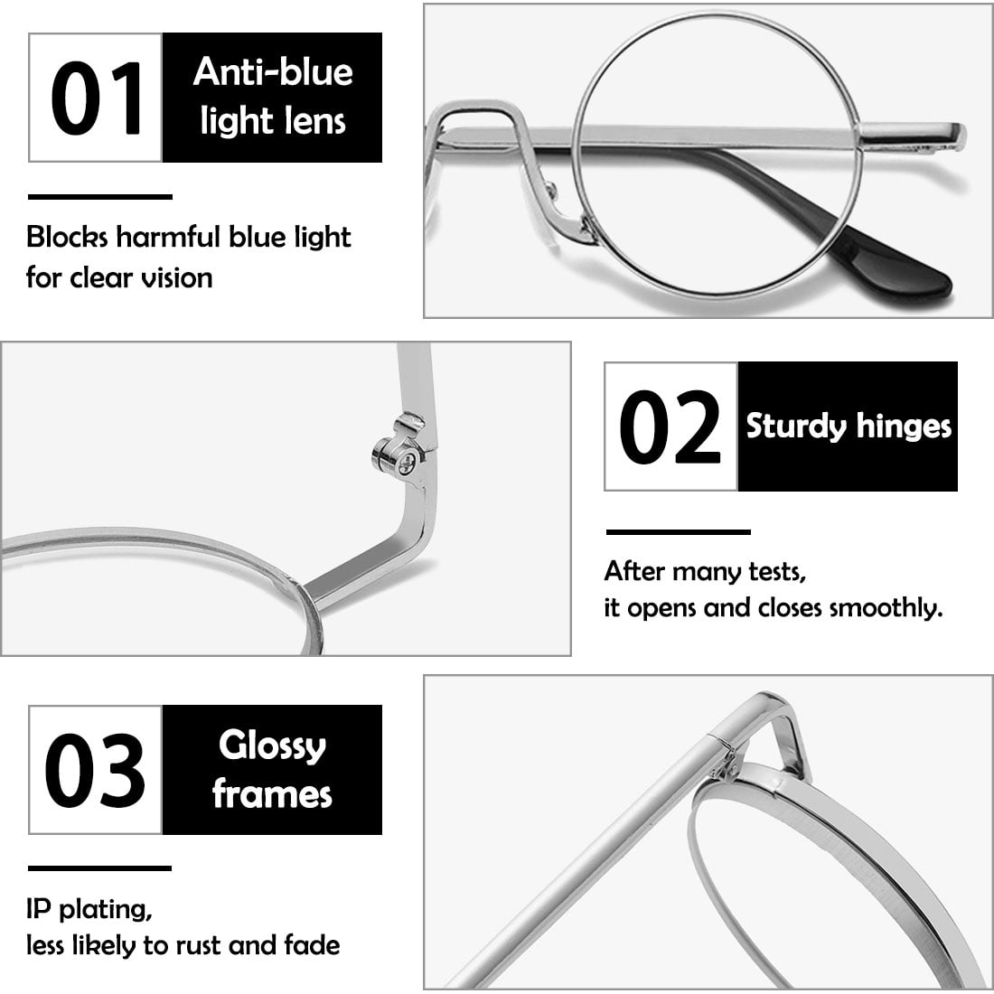 KOOSUFA Small Round Metal Reading Glasses 3.00 Blue Light Blocking Women Men Retro Eyeglasses Readers Eyewear Silver