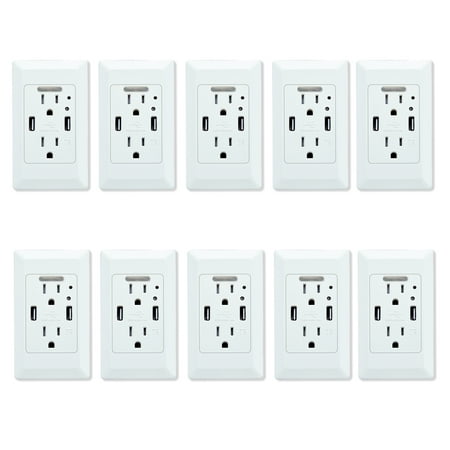 GREENCYCLE 10PK White Dual USB 4.2A Port Electric Wall Charger Power Outlet Panel Plate Dock Station Socket Adapter with LED Nightlight