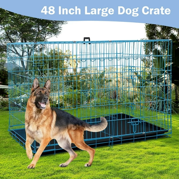 NiamVelo 48 inch Large Dog Crate Dog Cage Dog Kennel, Folding Metal Wire Pet Crate with Handle and Plastic Tray, Indoor&Outdoor, Blue XXL