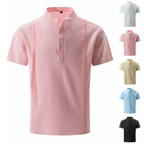 Txeol Holiday Deals Cotton Linen Polo Shirts for Men Solid Color Casual Short Sleeve Summer Tees 2025 Lightweight Button Up Henley Tops,Black,L