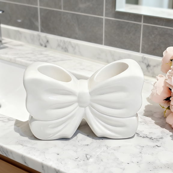 Toothbrush Holder, Bow-Shaped Bathroom Countertop Organizer with Separated Slots, Resin Toothbrush Storage for Sink