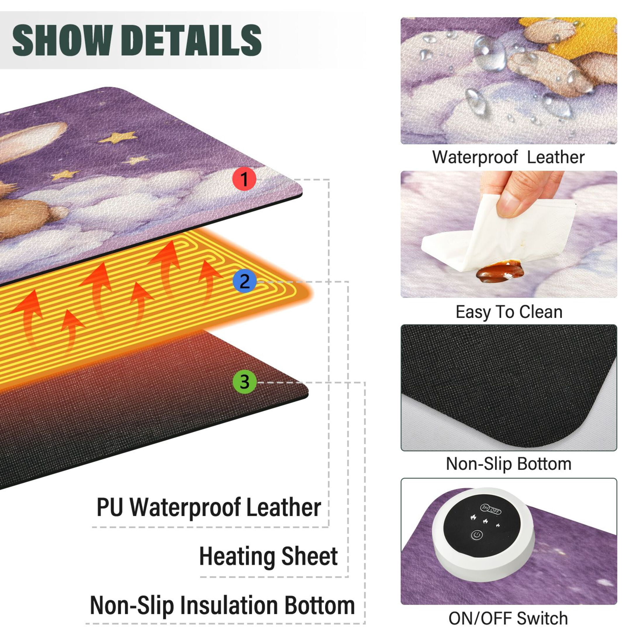 Large Heated Desk Mat Mouse Pad 31.5"x13"PU Leather Graphene Heating Desk Warmer with 3 Temperature Settings 110V US Plug Non-Slip Warm Pad for Home, Office, and Gaming Golden Rabbit with Star
